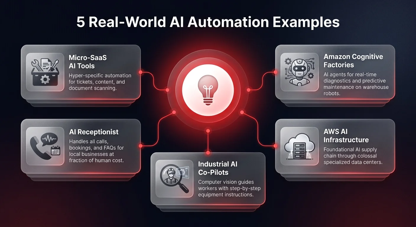 Diagram showing 5 real-world AI automation examples including Amazon factories, AWS infrastructure, industrial co-pilots, AI receptionists, and micro-SaaS tools