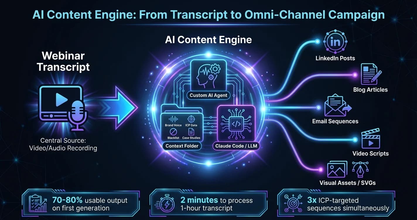 AI content engine workflow: from webinar transcript to omni-channel campaign outputs including social posts, blog articles, email sequences, and video scripts