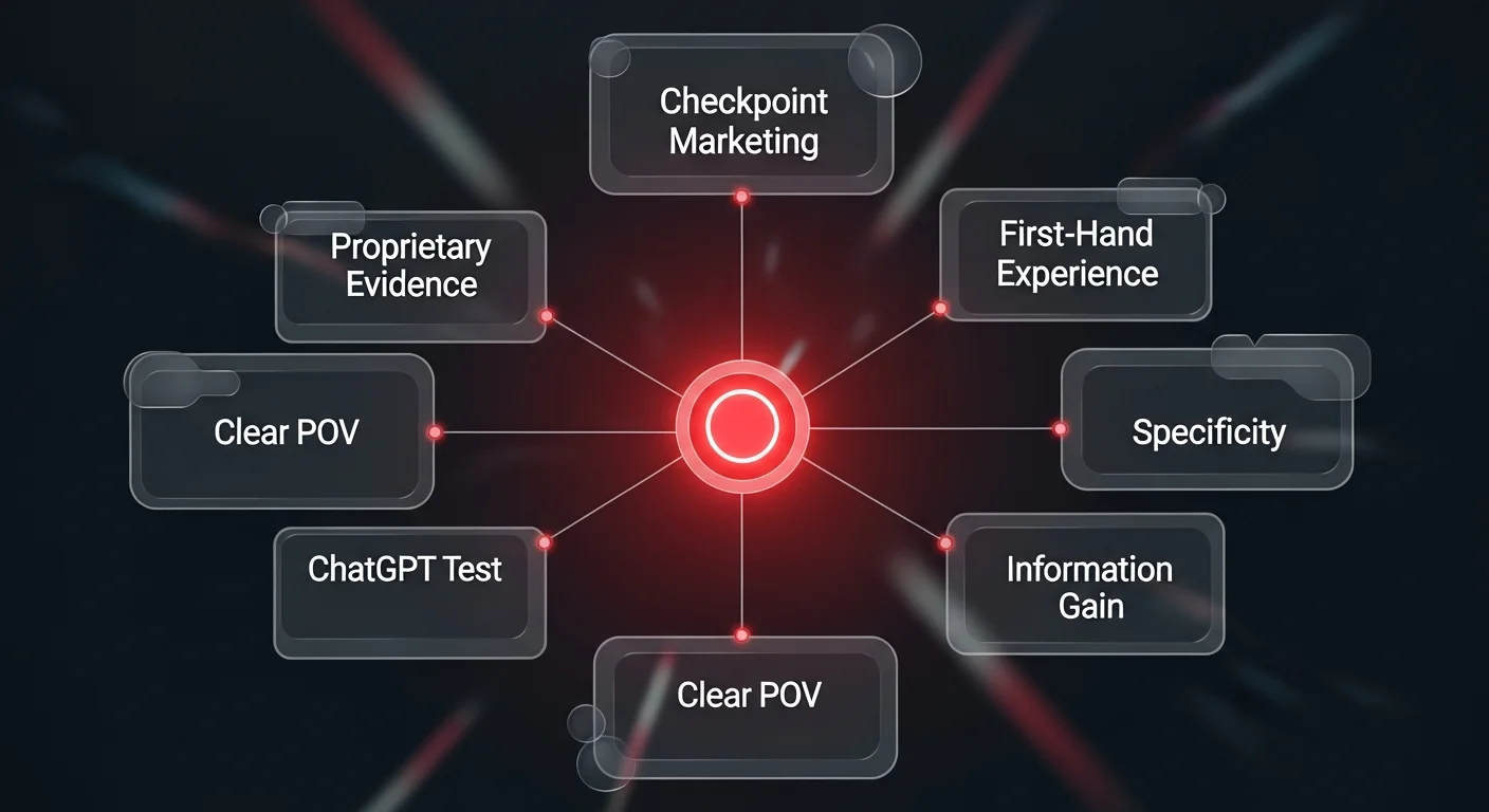 Six-checkpoint framework diagram showing Proprietary Evidence, First-Hand Experience, Specificity, Clear Point of View, ChatGPT Test, and Information Gain cards arranged around a central content quality hub