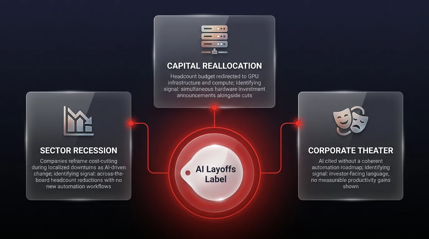 Diagram showing 3 real drivers behind AI layoffs announcements: Sector Recession, Capital Reallocation to GPU Infrastructure, and Corporate Theater, each with identifying signals for operations leaders