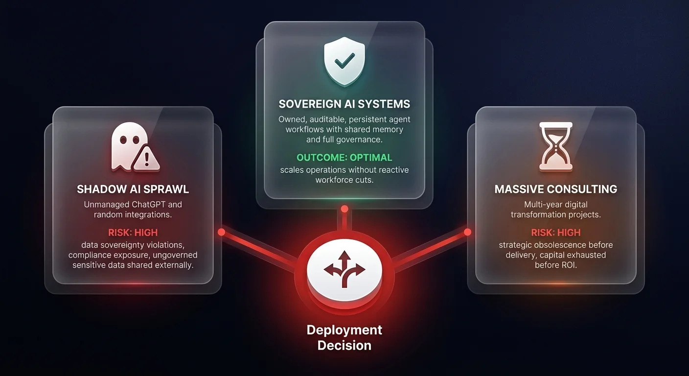 Comparison diagram showing 3 AI deployment approaches for operations leaders: Shadow AI Sprawl at high risk, Sovereign AI Systems as the optimal path, and Massive Consulting at high risk of strategic obsolescence