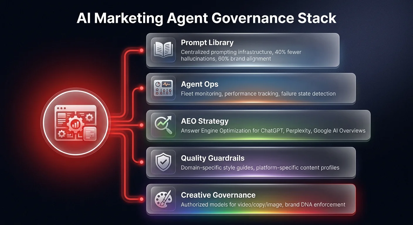 Five-layer governance stack showing how AI marketing agents are governed through Prompt Library, Agent Ops, AEO Strategy, Quality Guardrails, and Creative Governance layers