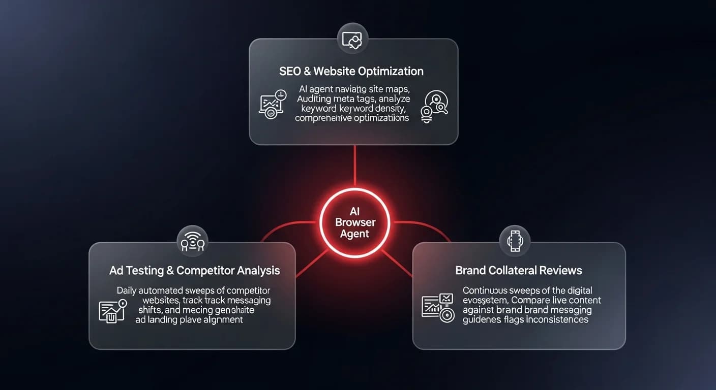 Three high-value applications of AI marketing audits showing SEO optimization, competitor analysis, and brand collateral review connected to a central browser agent hub