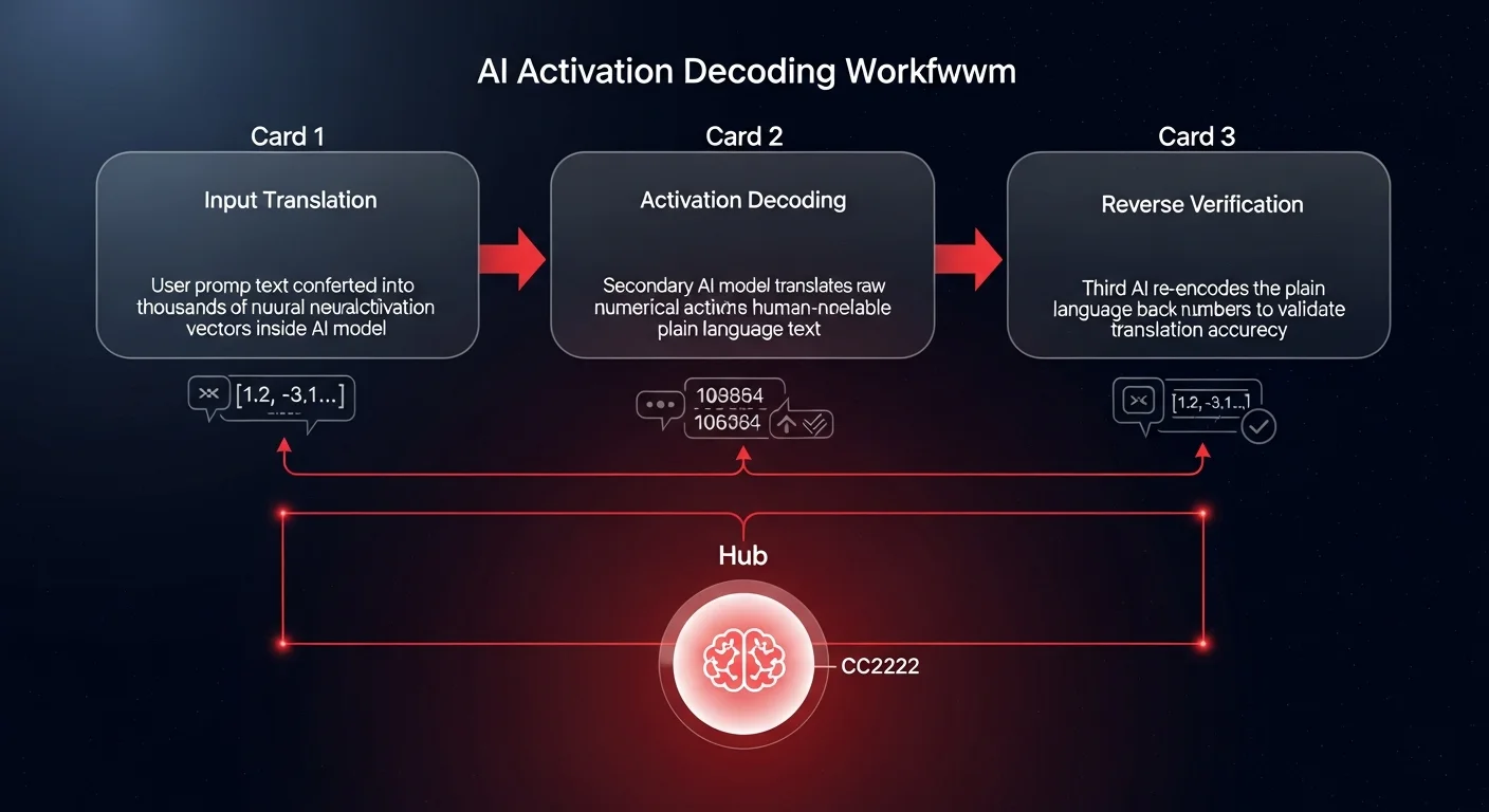 Process diagram showing 3-step AI activation decoding workflow translating neural activations into human-readable plain language for enterprise AI observability