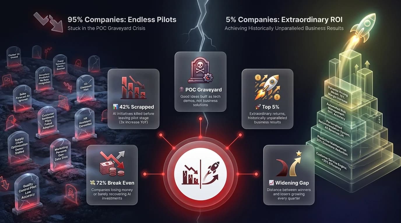 Divergence diagram showing the 95% AI POC graveyard failure rate versus the elite 5% achieving extraordinary ROI with key statistics on scrapped initiatives