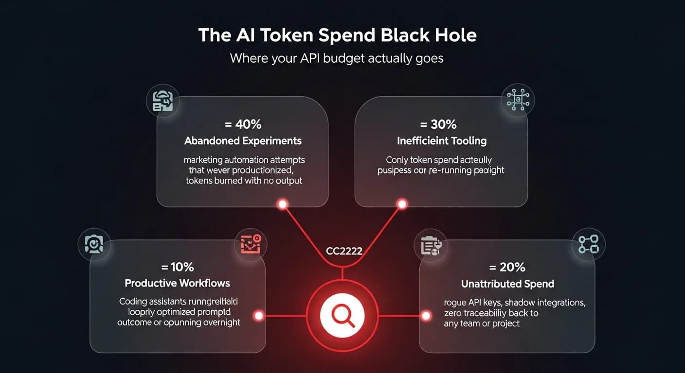 Infographic showing how enterprise AI token spend disappears into a budget black hole with 40% abandoned experiments, 30% inefficient tooling, 10% productive workflows, and 20% unattributed shadow AI spend