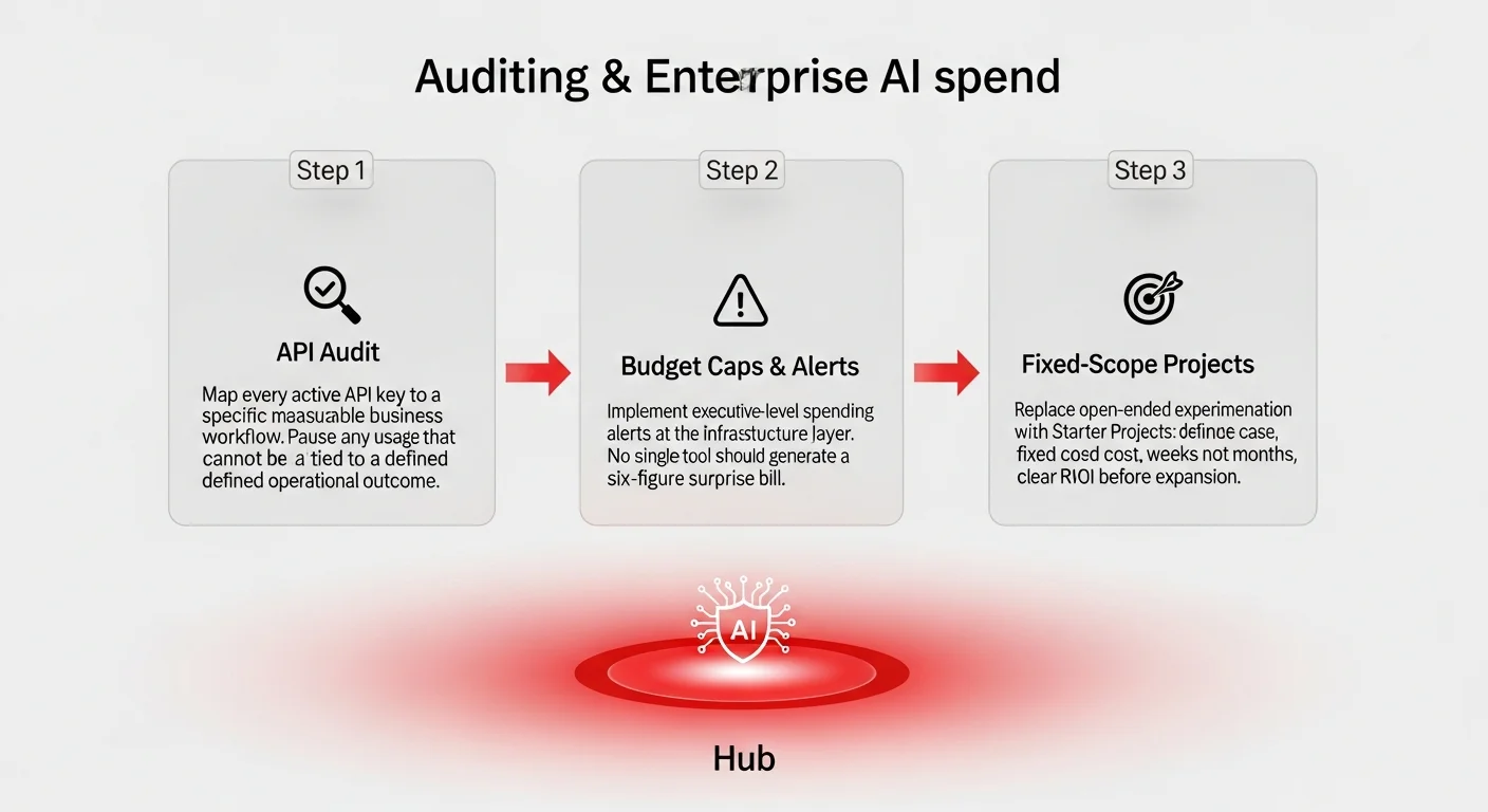 3-step workflow diagram showing enterprise AI token spend audit process: API audit mapping, executive budget caps and alerts, and fixed-scope starter projects for measurable ROI
