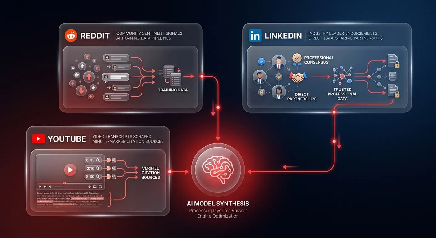 AI trust trifecta diagram showing how Reddit, LinkedIn, and YouTube feed brand authority signals into AI language models for answer engine optimization citations