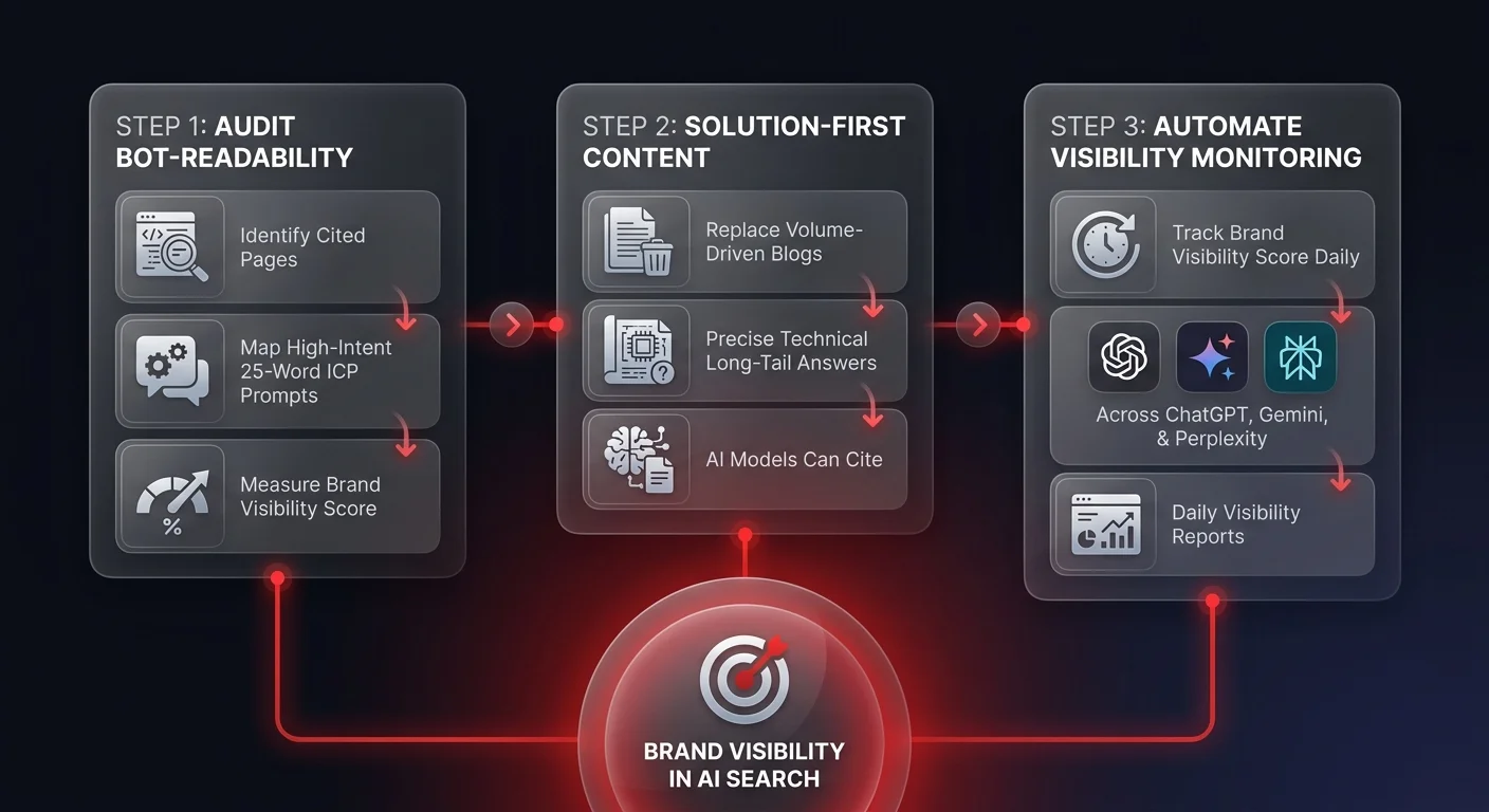 3-step answer engine optimization workflow diagram showing Audit Bot-Readability, Solution-First Content, and Automate Visibility Monitoring for B2B brand visibility in AI search