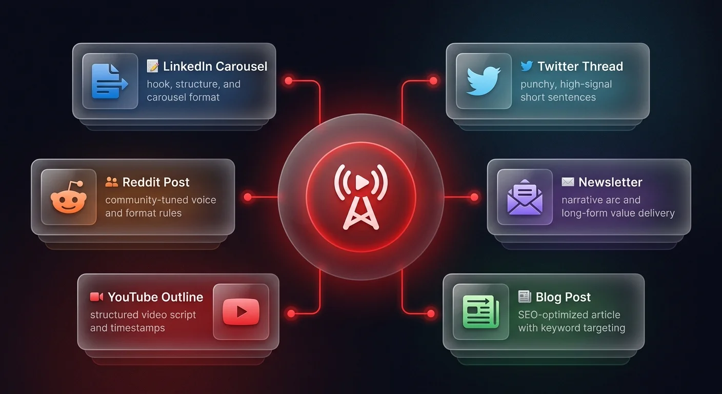 Hub-and-spoke diagram showing one video transcript generating 6 platform-specific content formats including LinkedIn carousel, Twitter thread, newsletter, blog post, YouTube outline, and Reddit post