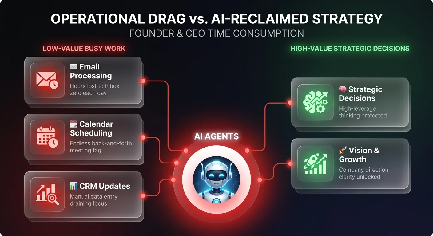 Infographic showing the operational drag trap — email processing, calendar scheduling, and CRM updates consuming founder time versus strategic decisions and company vision unlocked by AI agents