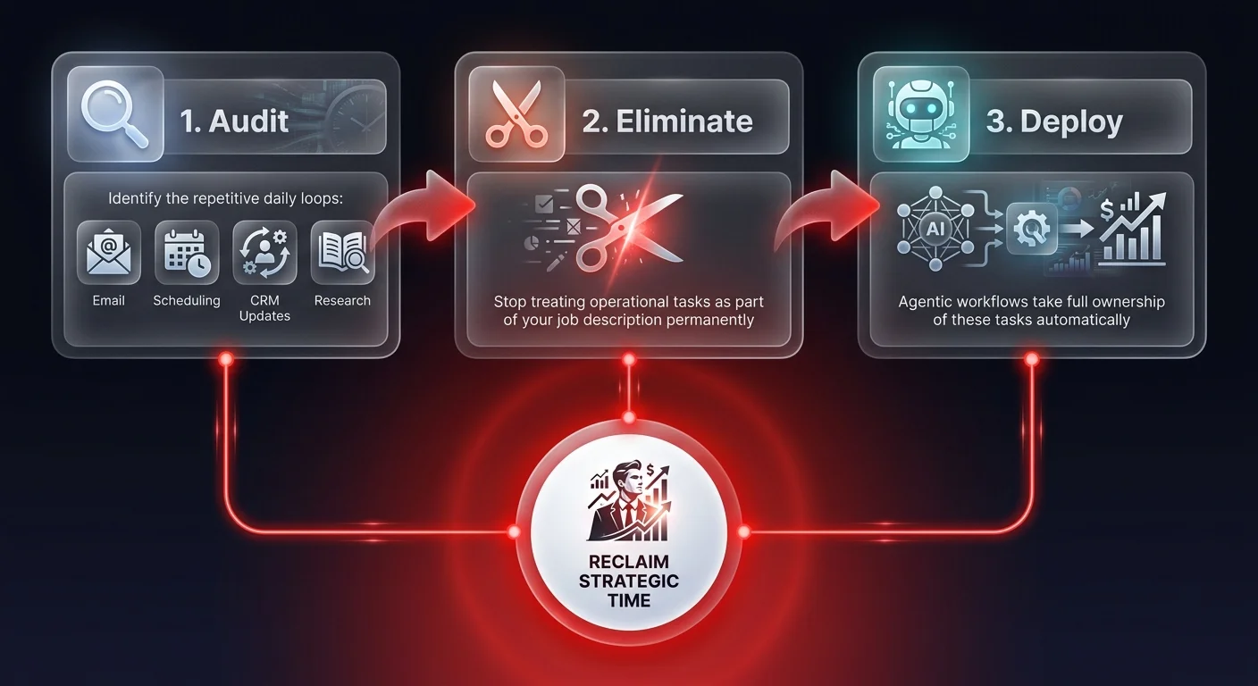 Workflow diagram showing the 3-step founder implementation process — Audit repetitive loops, Eliminate them from your job description, and Deploy agentic workflows to own these tasks automatically