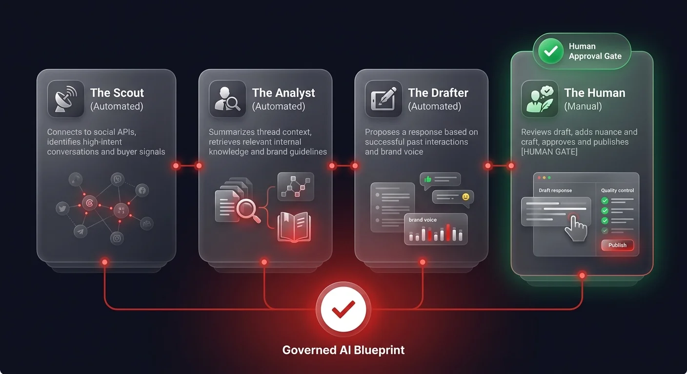 Architecture diagram showing the 4-stage governed AI marketing blueprint — Scout, Analyst, Drafter, and Human approval gate — with a green checkmark at the human review step