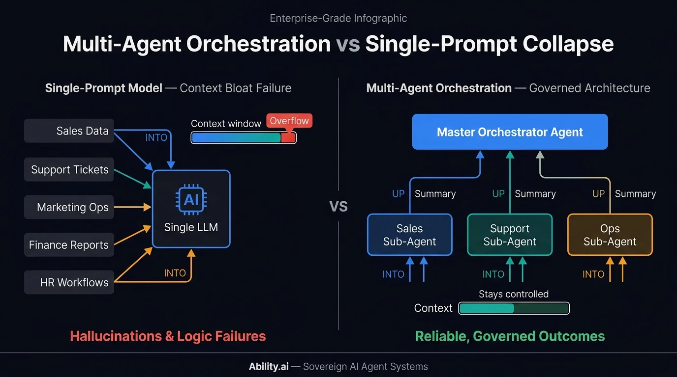 Multi-agent orchestration architecture vs single-prompt context bloat — showing how sub-agents feed concise summaries to a master orchestrator, preventing context collapse in enterprise AI workflows