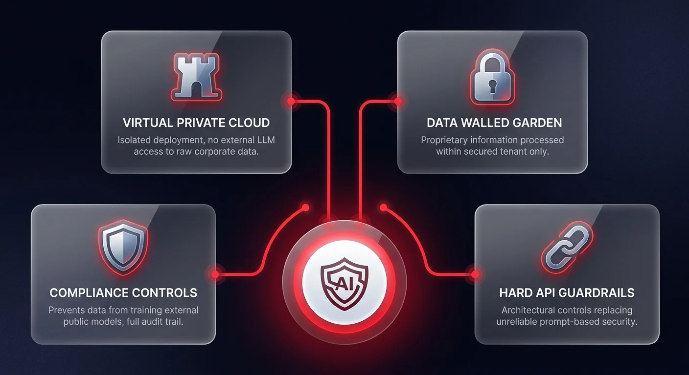 Diagram showing four sovereign AI data isolation layers including virtual private cloud deployment, walled garden data processing, compliance controls, and hard API guardrails protecting enterprise proprietary data
