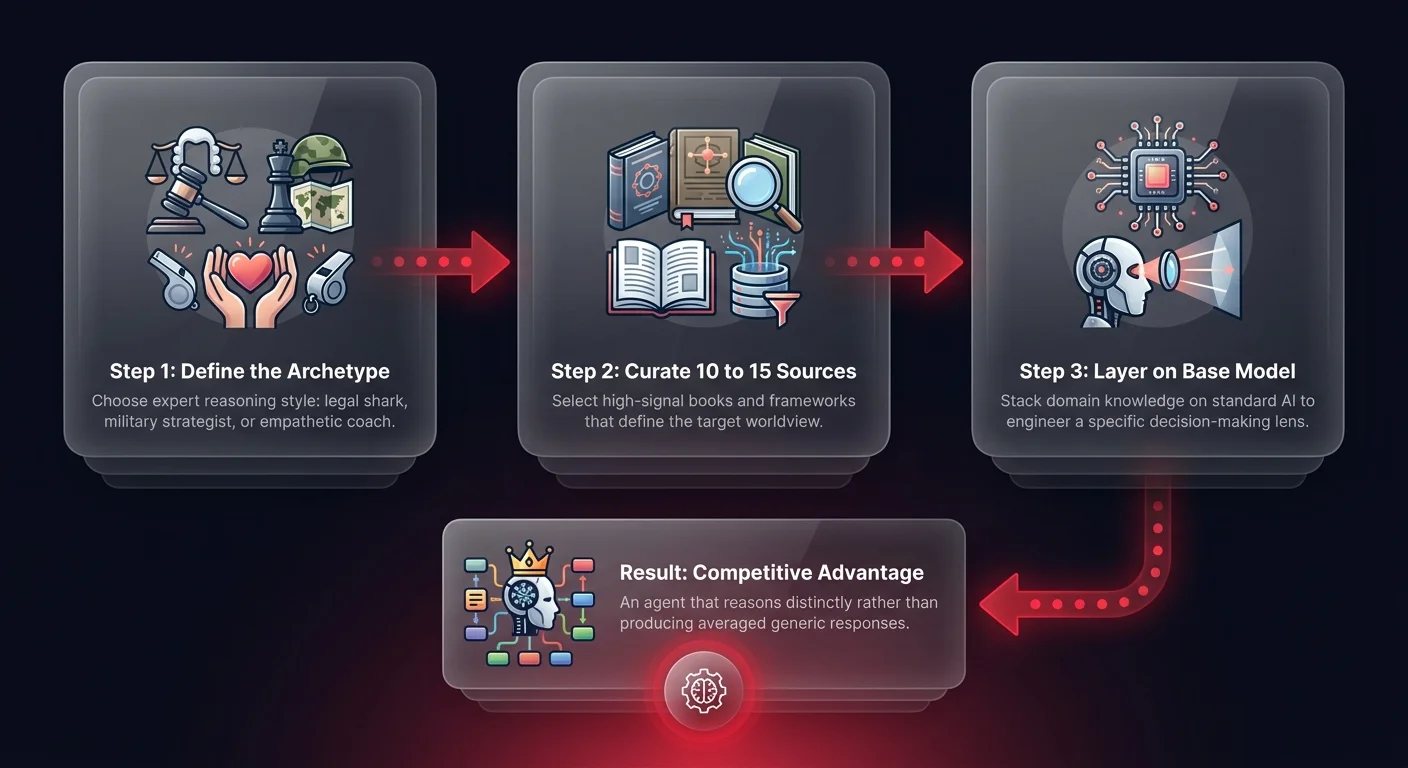 Workflow diagram showing the 3-step recipe for building an opinionated AI agent: Define the Archetype, Curate 10 to 15 Sources, and Layer on Base Model, leading to a Competitive Advantage result for businesses seeking distinct AI reasoning