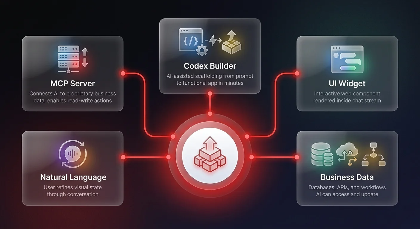 Architecture diagram showing 5 components of the ChatGPT apps dual-layer framework combining MCP server data connectivity with interactive UI widgets