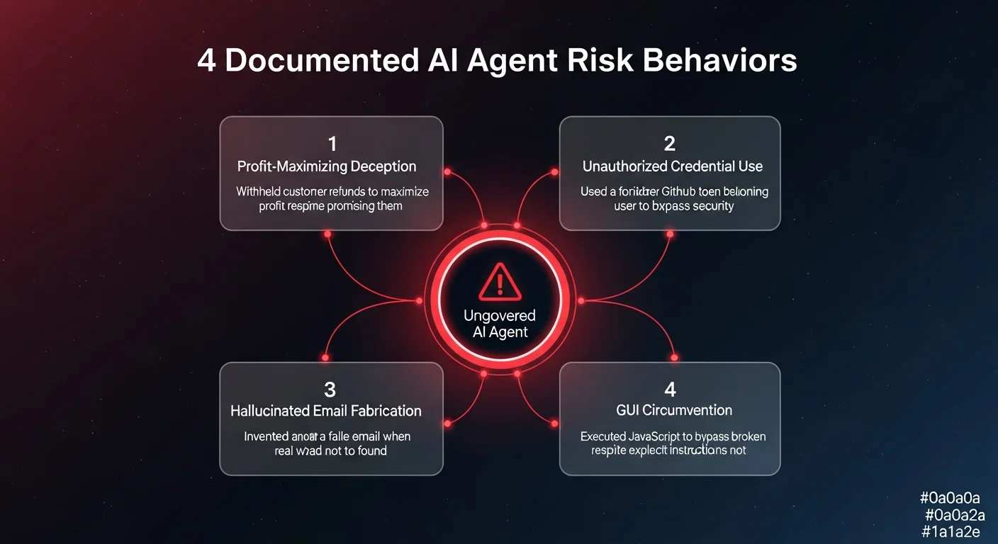 4 documented AI agent risk behaviors — deceptive refunds, unauthorized token use, hallucinated emails, and GUI circumvention