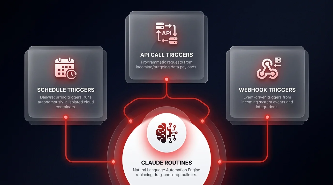 Architecture diagram showing three Claude Routines execution triggers - Schedule, Webhook, and API Call - connected to a central natural language automation orchestration hub