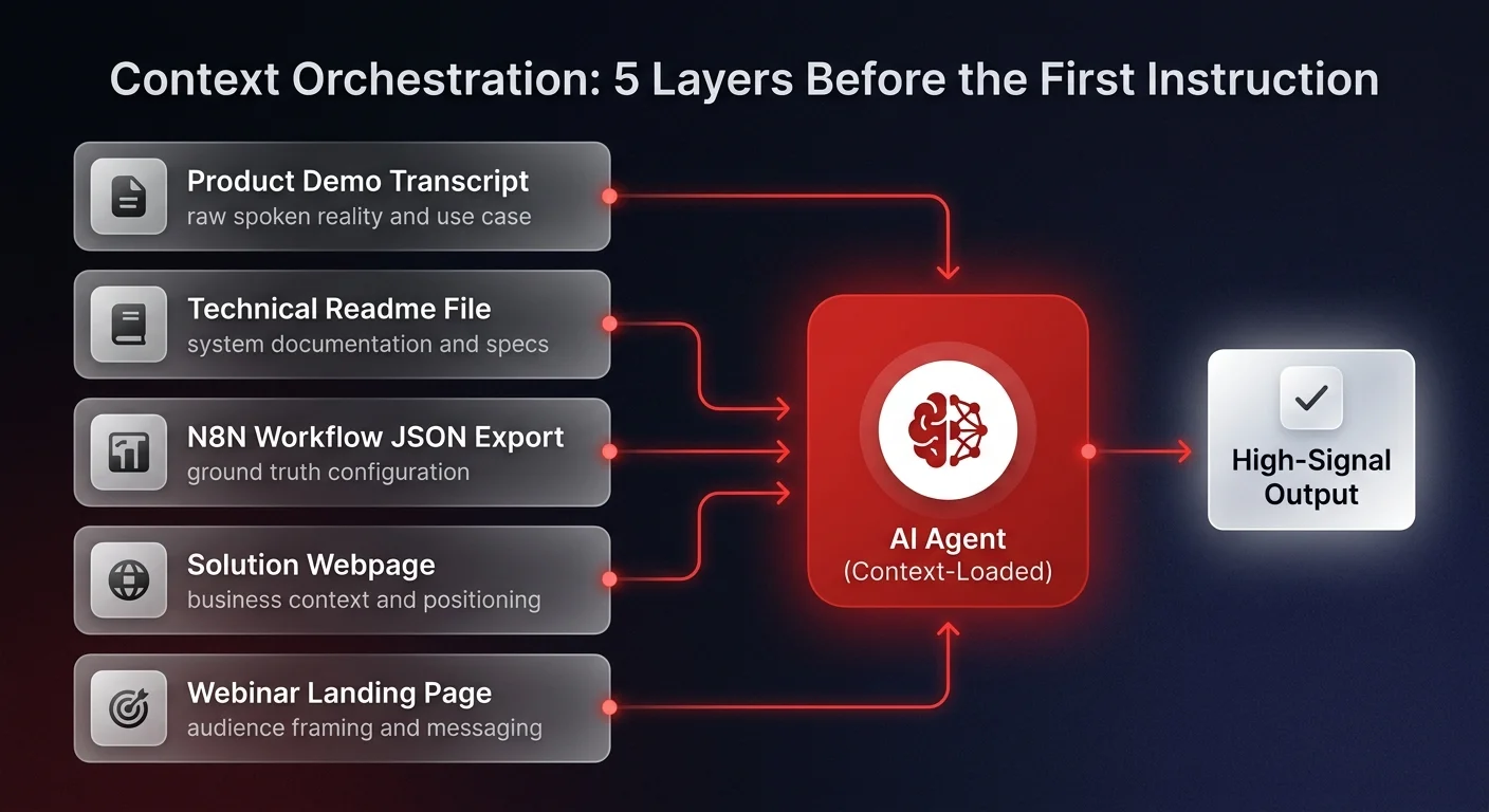 Context orchestration diagram showing 5 source-of-truth document layers — demo transcript, readme, N8N JSON export, solution page, and webinar landing page — feeding into a central AI agent hub