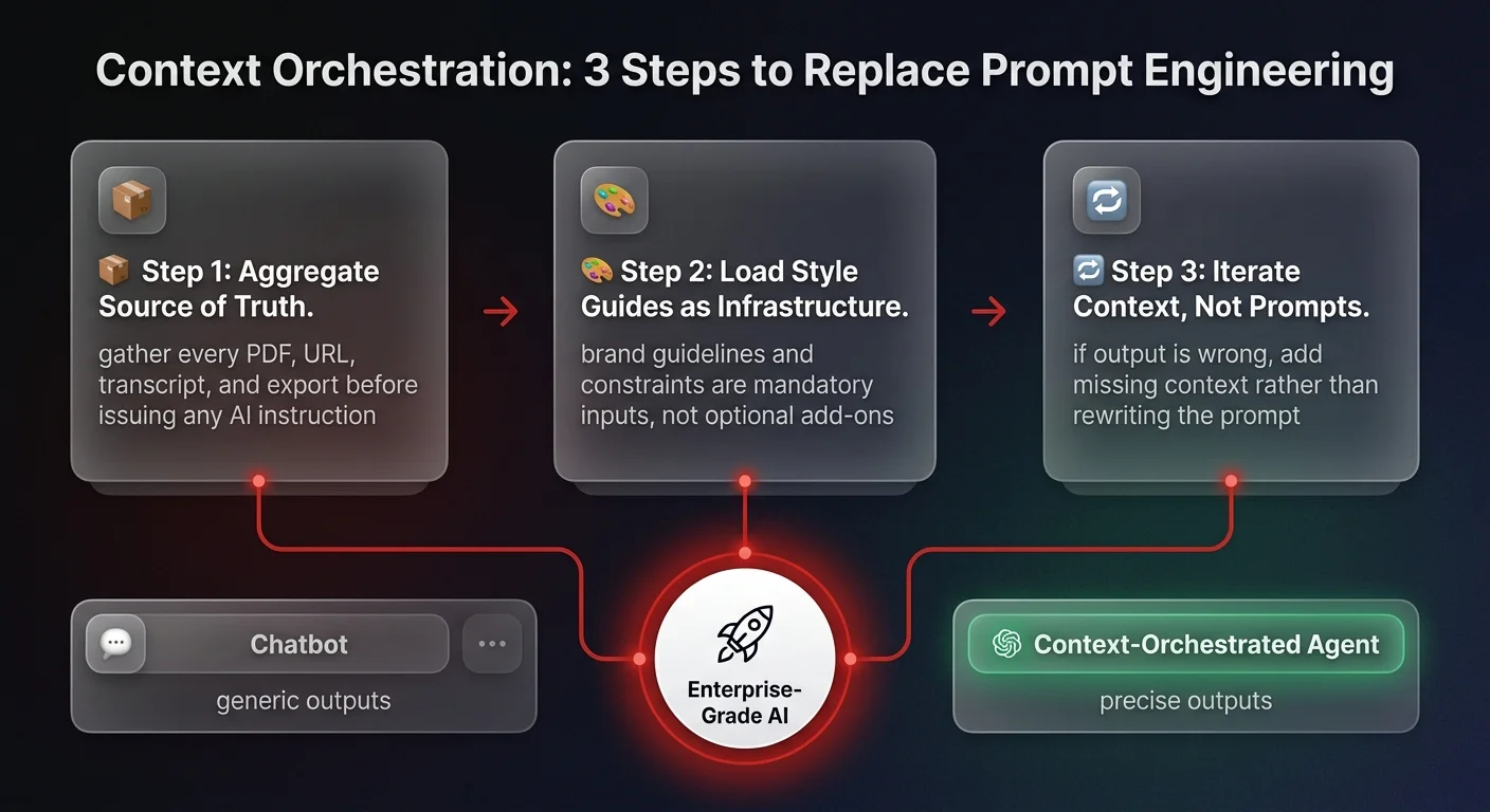 3-step workflow diagram showing context orchestration — aggregate source of truth, load style guides as infrastructure, and iterate on context not prompts — leading to enterprise-grade AI agent outcomes
