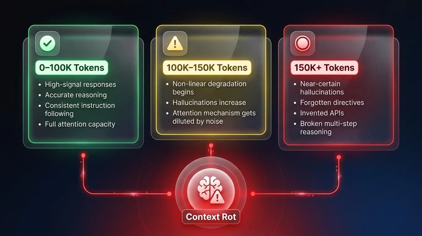 Infographic showing three LLM context window performance zones: 0-100K tokens high-signal, 100K-150K degradation begins, and 150K+ near-certain hallucinations with context rot warning