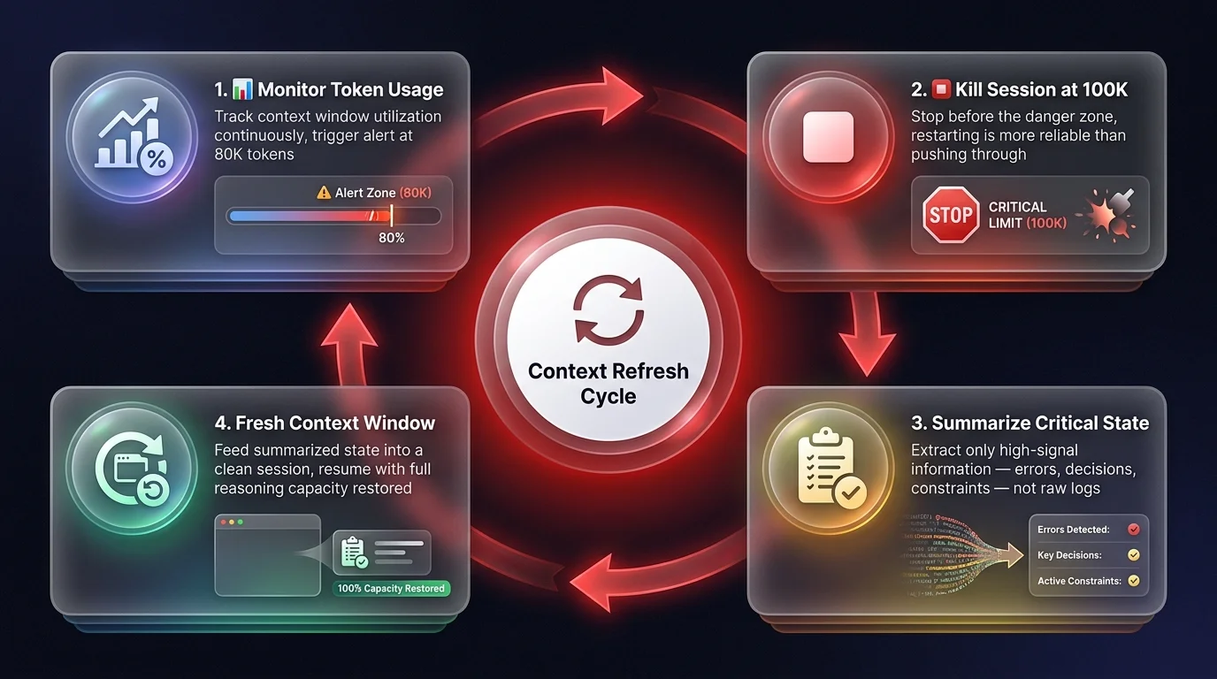 Workflow diagram showing the 4-step context lifecycle management cycle: monitor token usage, kill session at 100K, summarize critical state, and restart with a fresh context window