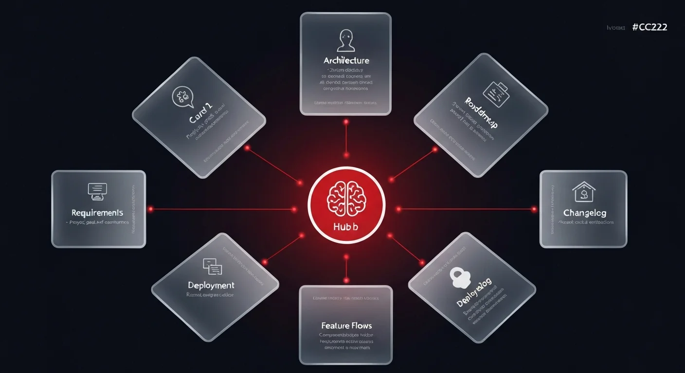Architecture diagram showing 6 foundational project documents — requirements, architecture, roadmap, feature flows, deployment, and changelog — connected to a central AI coding assistant hub for context scaffolding