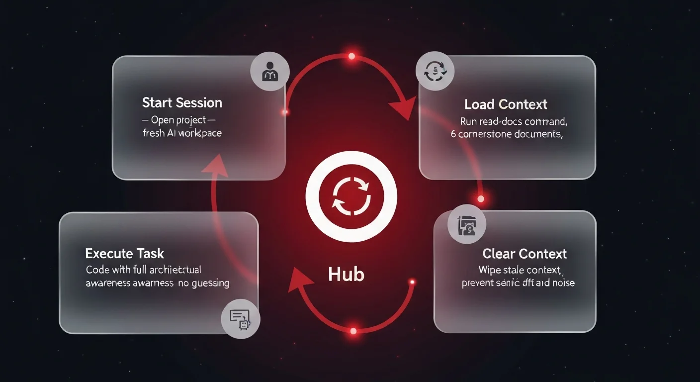 Workflow diagram showing the 4-step cyclical AI development loop — start session, load context, execute task, clear context — for preventing semantic drift in AI-assisted coding