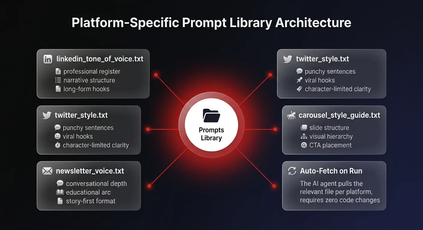 Architecture diagram showing a curated prompt library hub connected to 5 platform-specific tone files: LinkedIn, Twitter, carousel, newsletter, and an auto-fetch mechanism for AI content agents