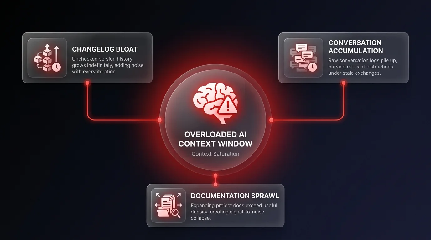 Diagram showing 3 root causes of AI context rot: changelog bloat, conversation accumulation, and documentation sprawl overloading the context window