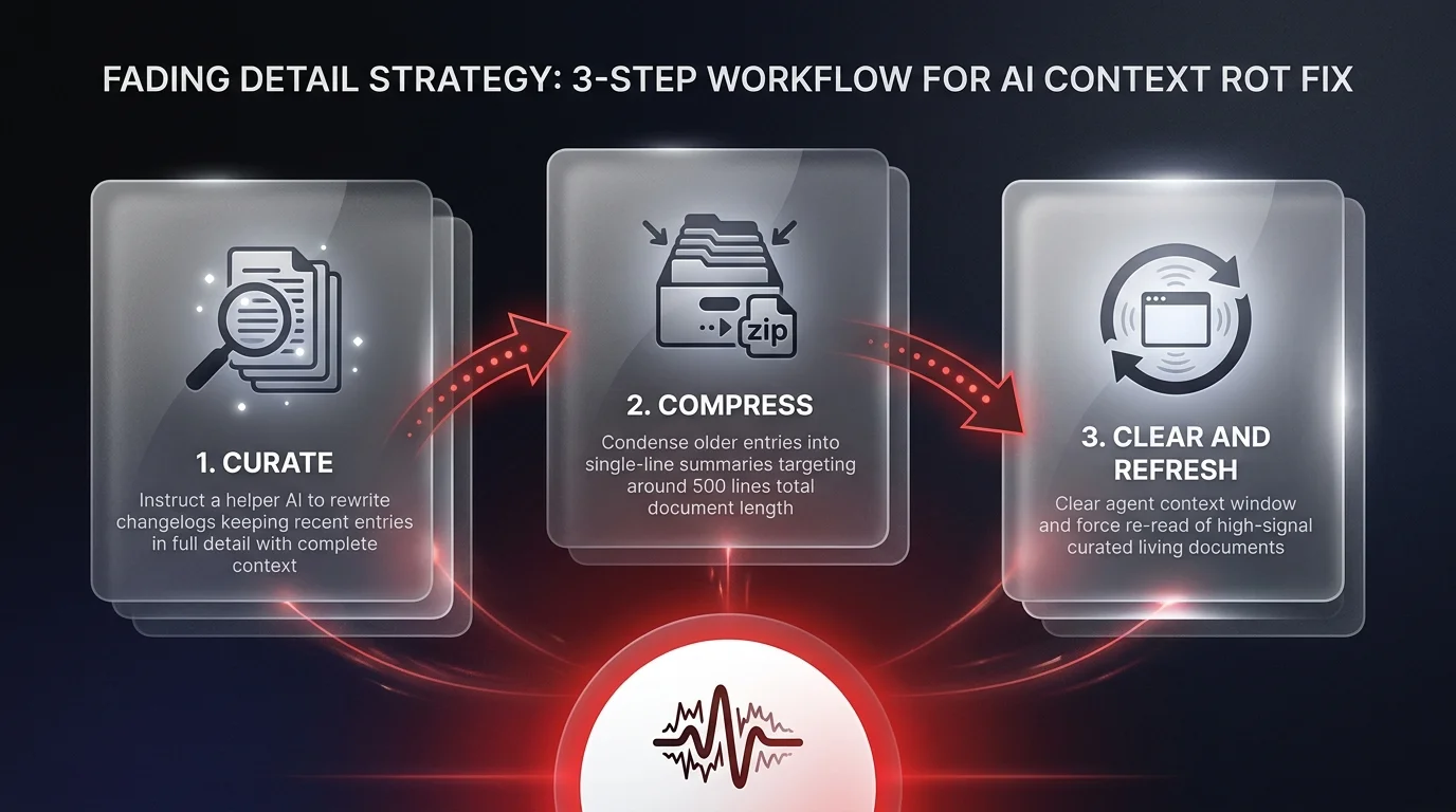 Workflow diagram showing the 3-step fading detail strategy: curate recent entries, compress old ones into summaries, clear and refresh agent context