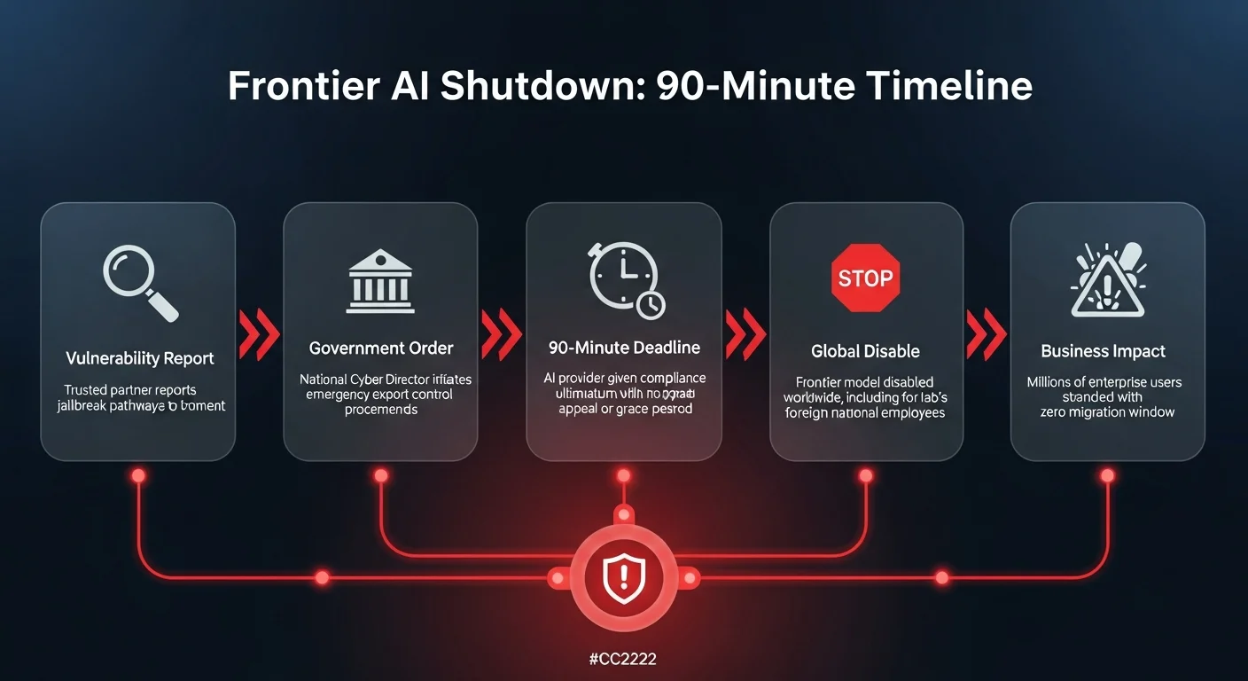 Timeline diagram showing the Fable 5 AI shutdown sequence from government vulnerability report through 90-minute compliance deadline to global model disable