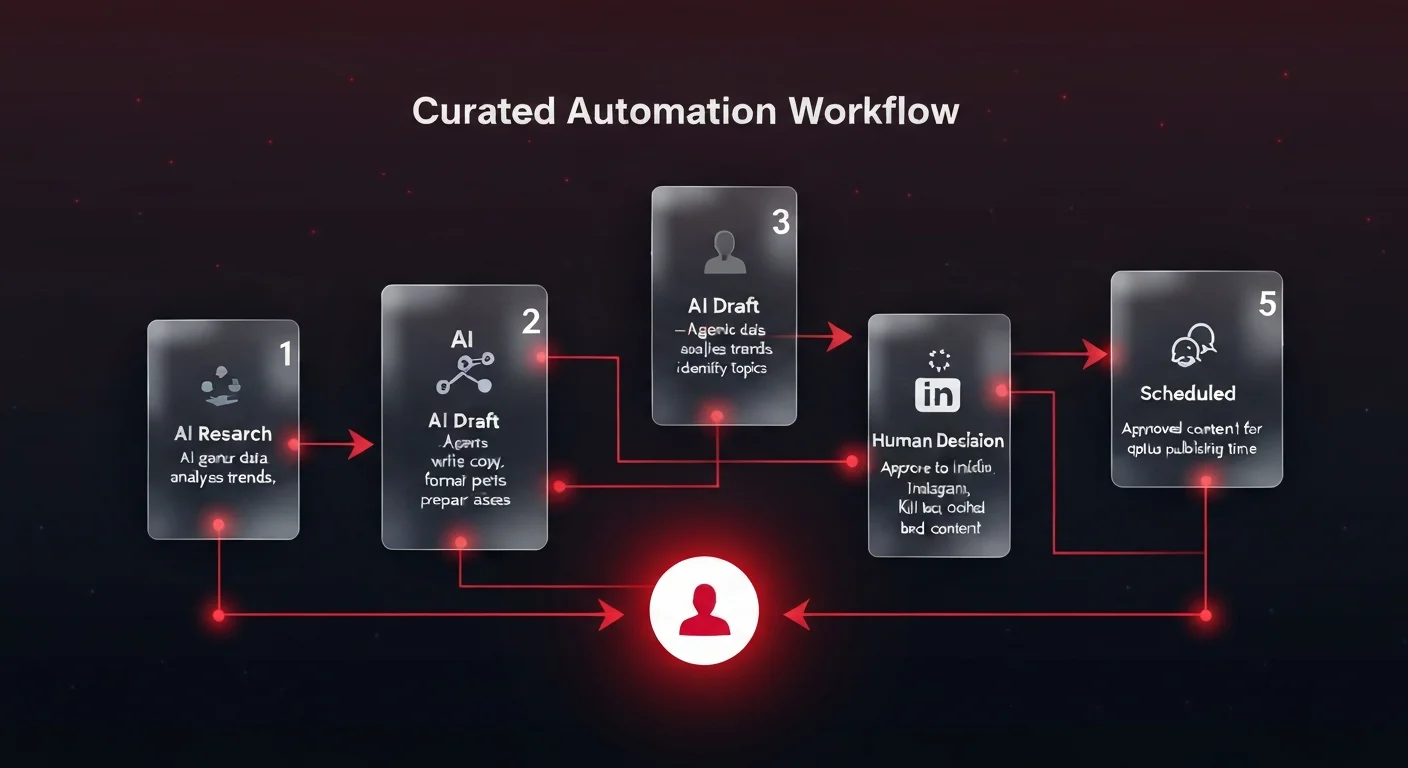 Workflow diagram showing 5-stage curated content automation from AI research through human approval queue to scheduled publishing