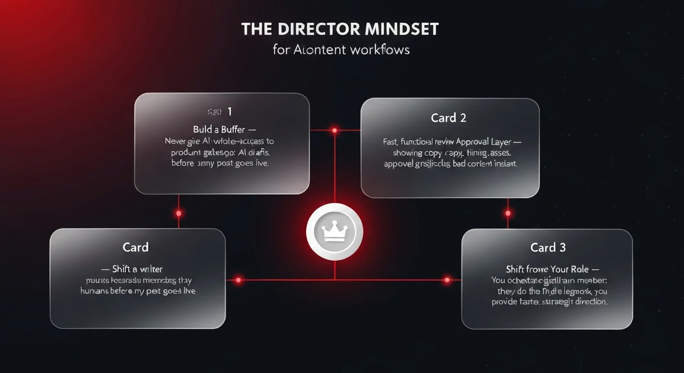 Framework diagram showing 3 director mindset principles: build a buffer, optimize approval layer, and evolve from writer to curator