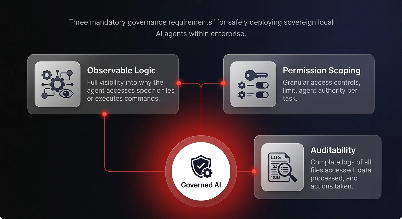 Governance framework diagram showing 3 mandatory requirements for sovereign AI agents — Observable Logic, Permission Scoping, and Auditability — connected to a central Governed AI hub