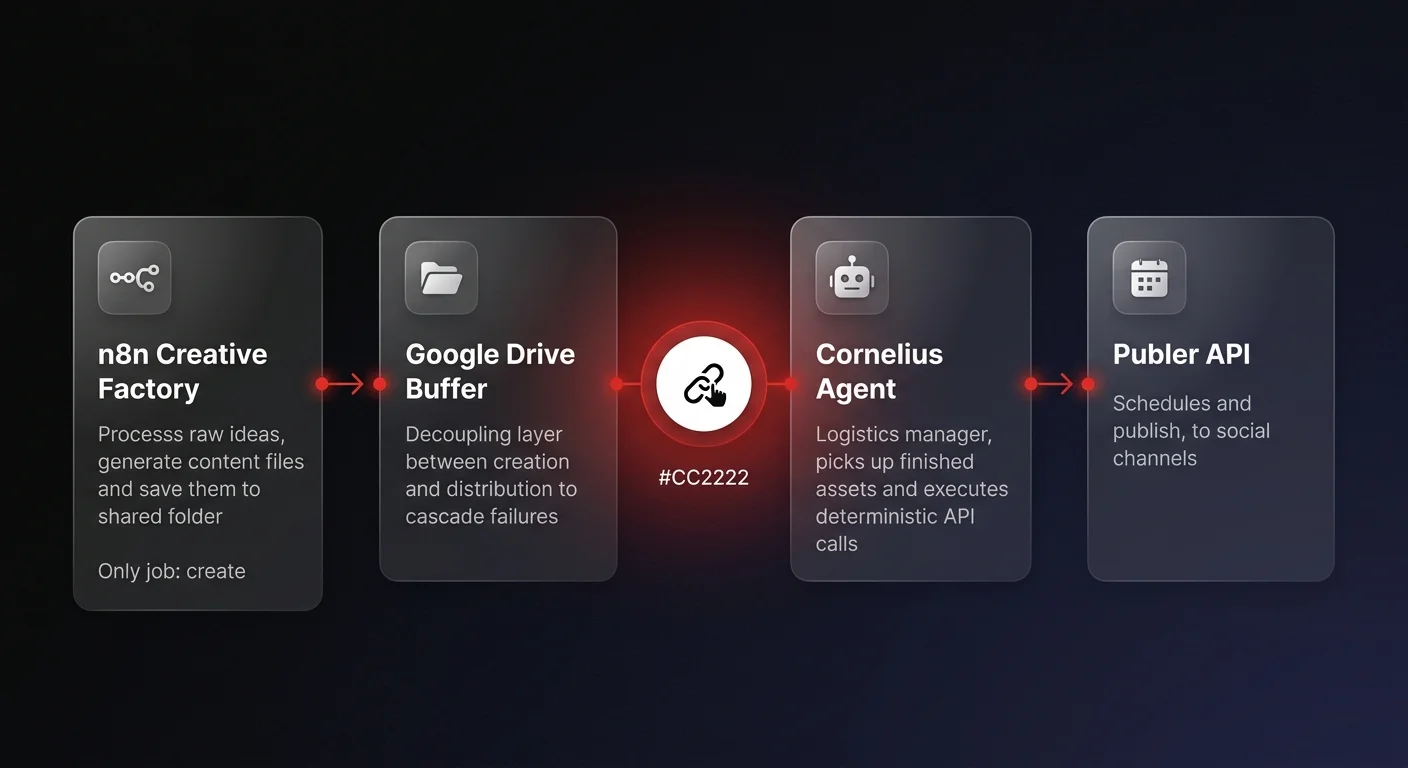 Workflow diagram showing a modular two-agent content pipeline: n8n creative factory feeds a Google Drive buffer which hands off to Cornelius distribution agent and Publer API scheduling