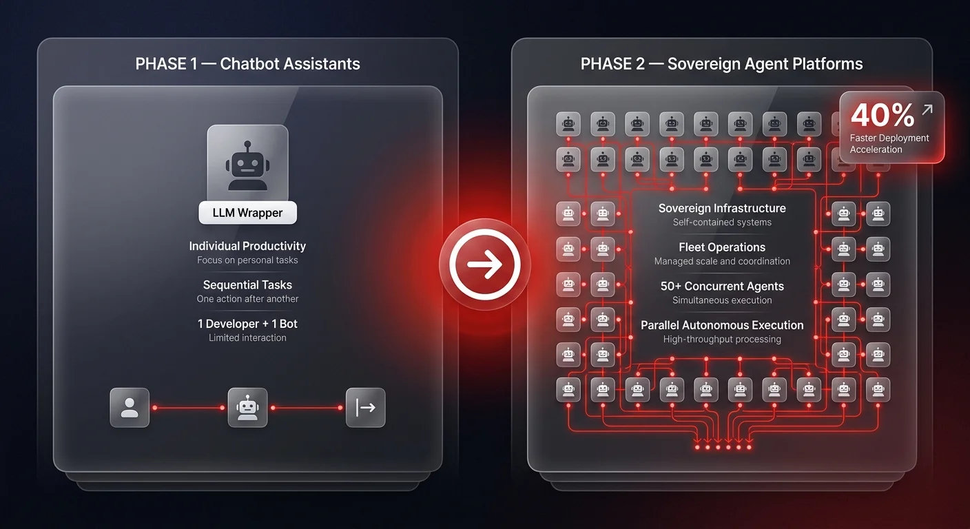 Architecture diagram showing enterprise AI infrastructure evolution from Phase 1 single LLM chatbot assistants to Phase 2 sovereign multi-agent platforms running 50+ concurrent agents for deployment speed