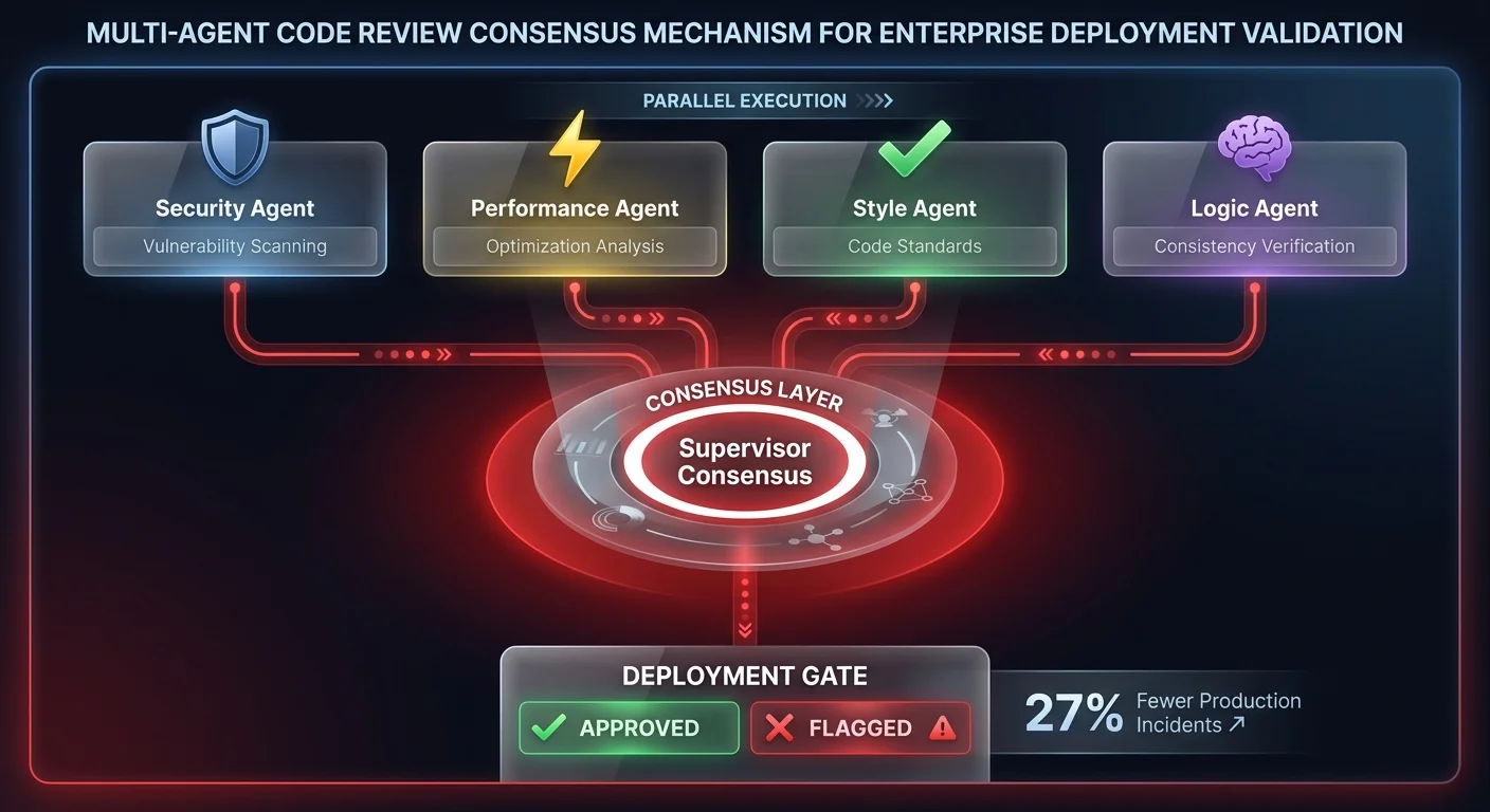 Consensus mechanism flow diagram showing four specialized agents — security, performance, style, and logic — reviewing code in parallel and feeding into a supervisor consensus layer for multi-agent systems deployment gate