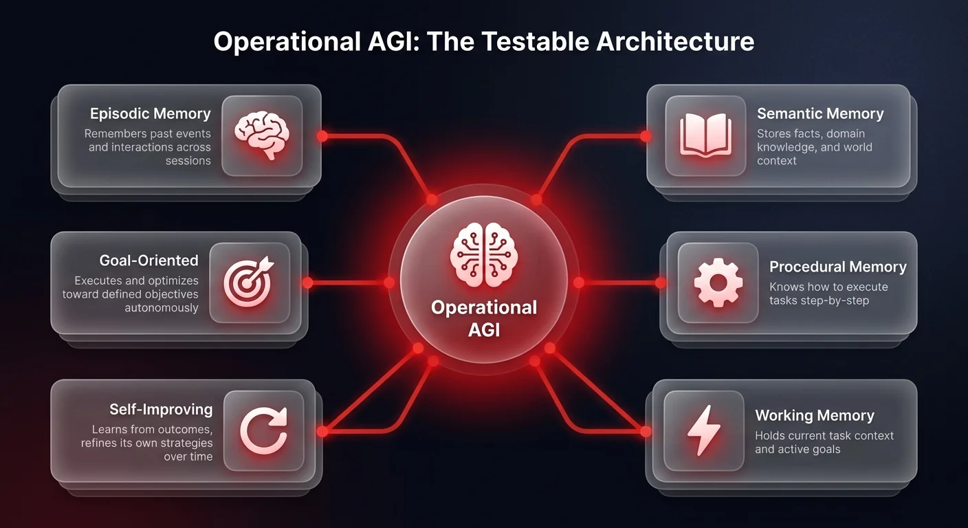 Operational AGI architecture diagram showing 6 components: episodic memory, semantic memory, procedural memory, working memory, self-improving system, and goal-oriented execution