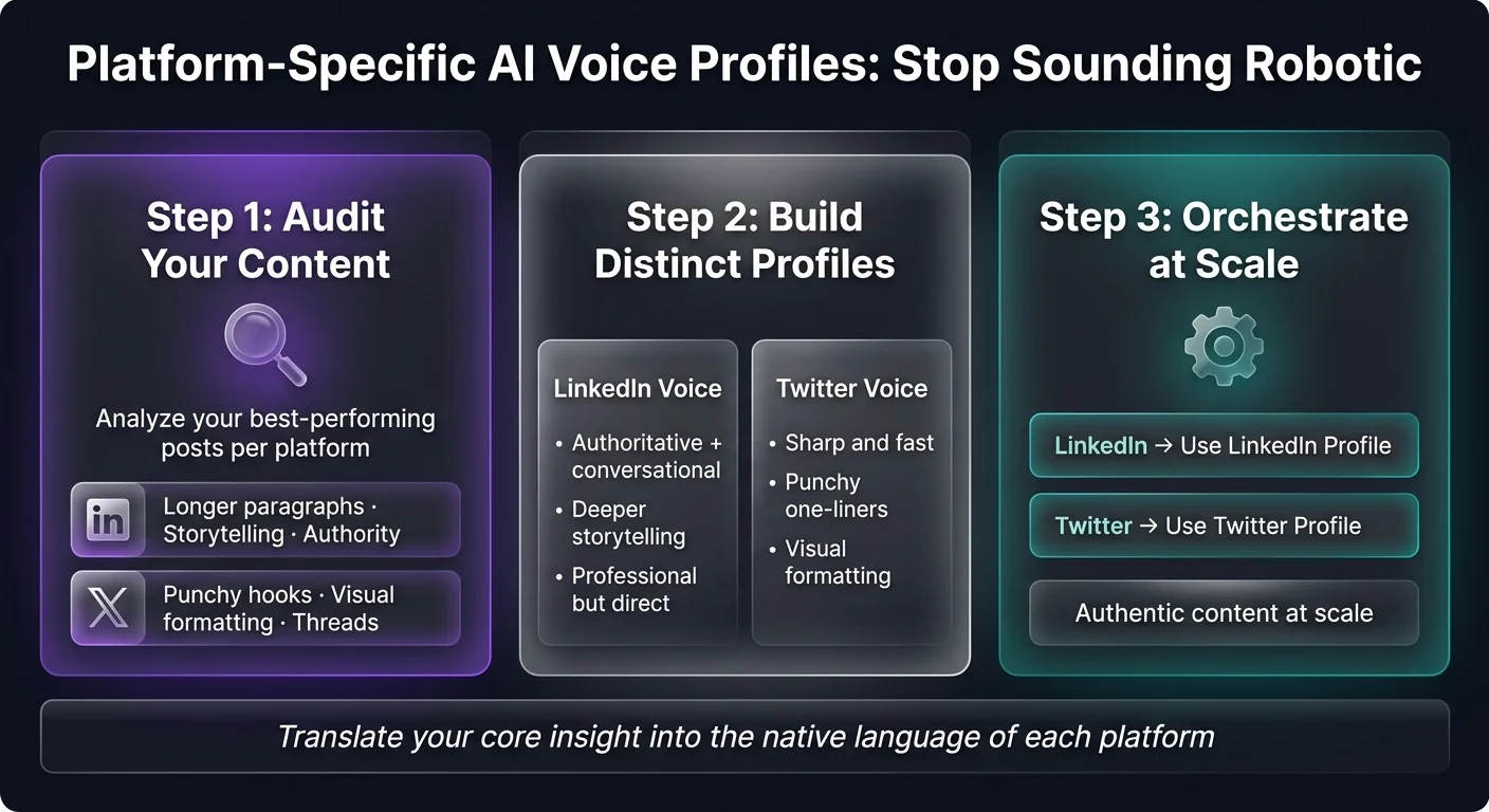 Platform-specific AI voice profiles 3-step workflow: audit content per platform, build distinct LinkedIn vs Twitter voice profiles, then orchestrate AI agents at scale for authentic content