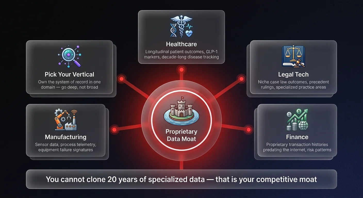 Hub-and-spoke diagram showing five industry verticals — Healthcare, Legal Tech, Finance, Manufacturing — connected to a central Proprietary Data Moat through radical verticalization strategy