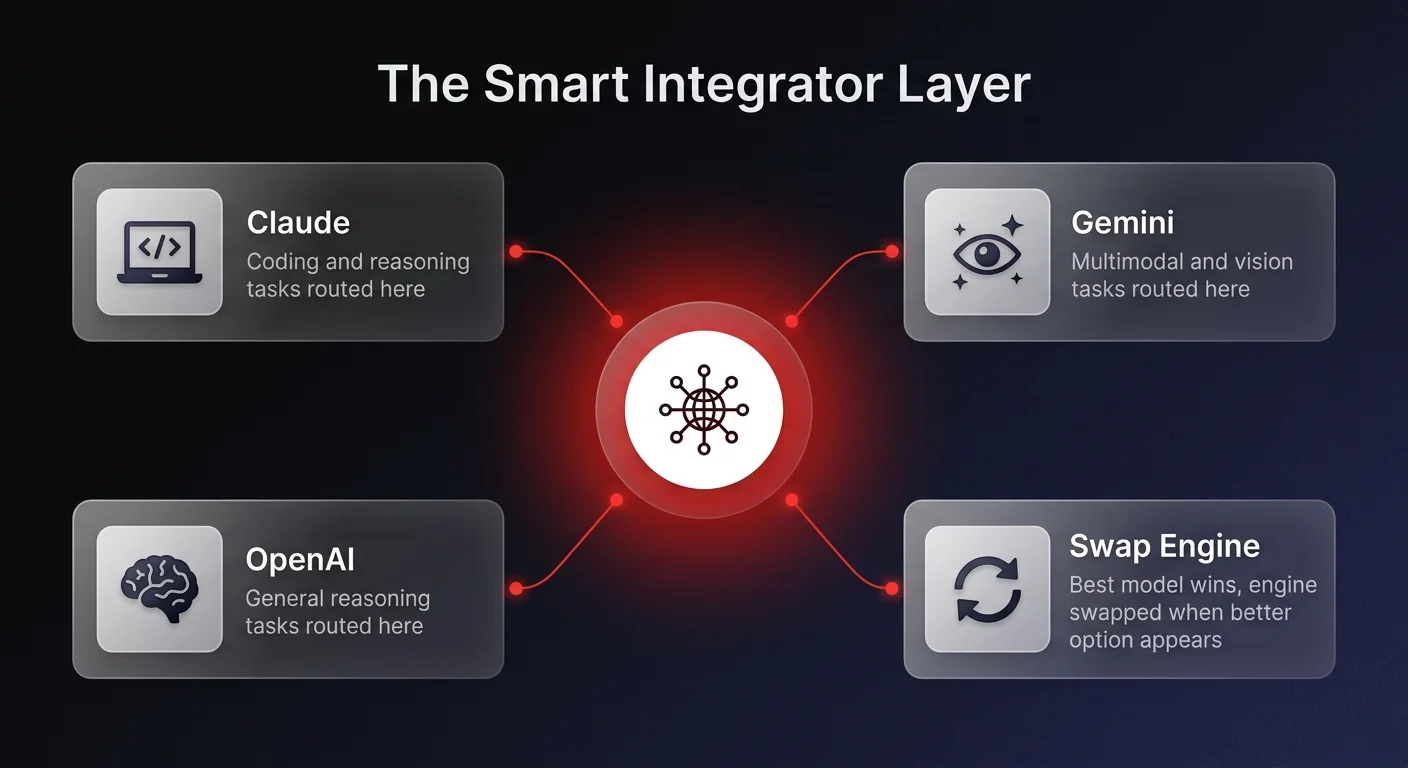 Architecture diagram showing the Smart Integrator orchestration layer routing tasks to 4 specialized AI models — Claude for coding, Gemini for multimodal, OpenAI for reasoning, and a swap engine for best-fit selection