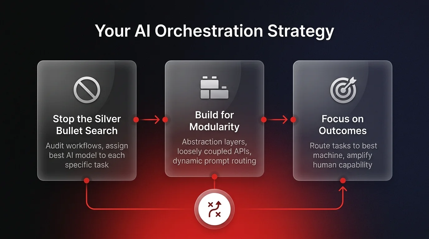 Strategy diagram showing a 3-step AI orchestration framework: stop the silver bullet search, build for modularity with abstraction layers, and focus on business outcomes over tool selection