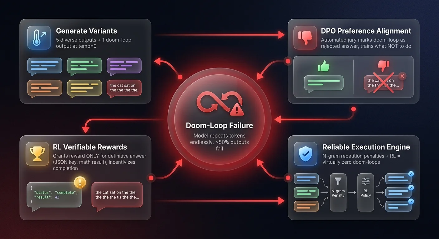 Workflow diagram showing the 2-step DPO and reinforcement learning process that eliminates doom-loops in small language models for reliable enterprise agentic AI deployment