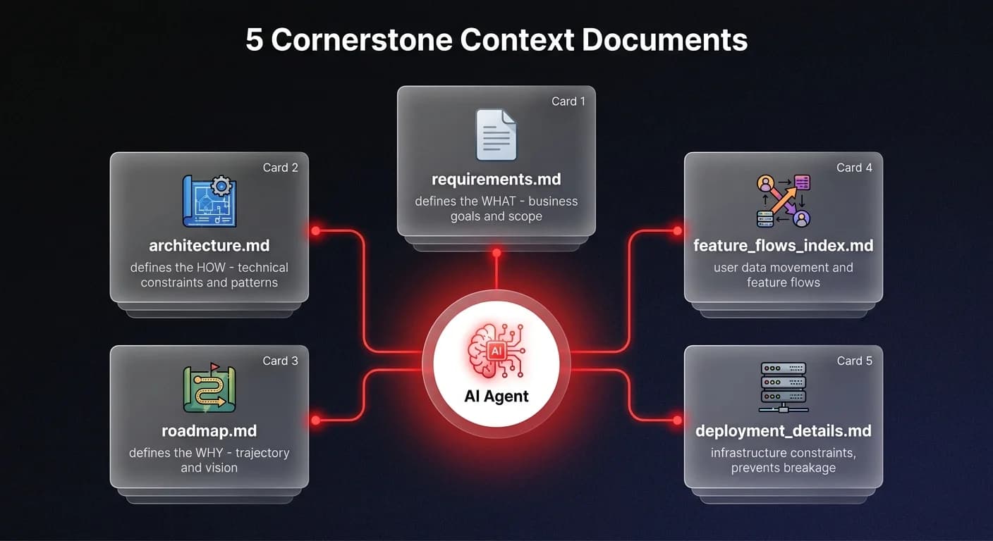 Architecture diagram showing 5 cornerstone context documents — requirements, architecture, roadmap, feature flows, and deployment details — connected to a central AI Agent hub for structured AI development