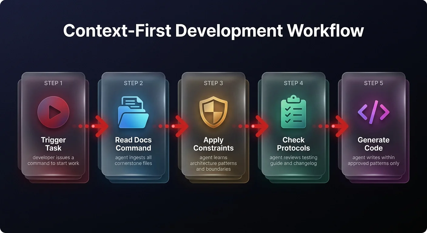Workflow diagram showing 5-step context-first development process: trigger task, read docs command, apply architecture constraints, check testing protocols, and generate code within boundaries