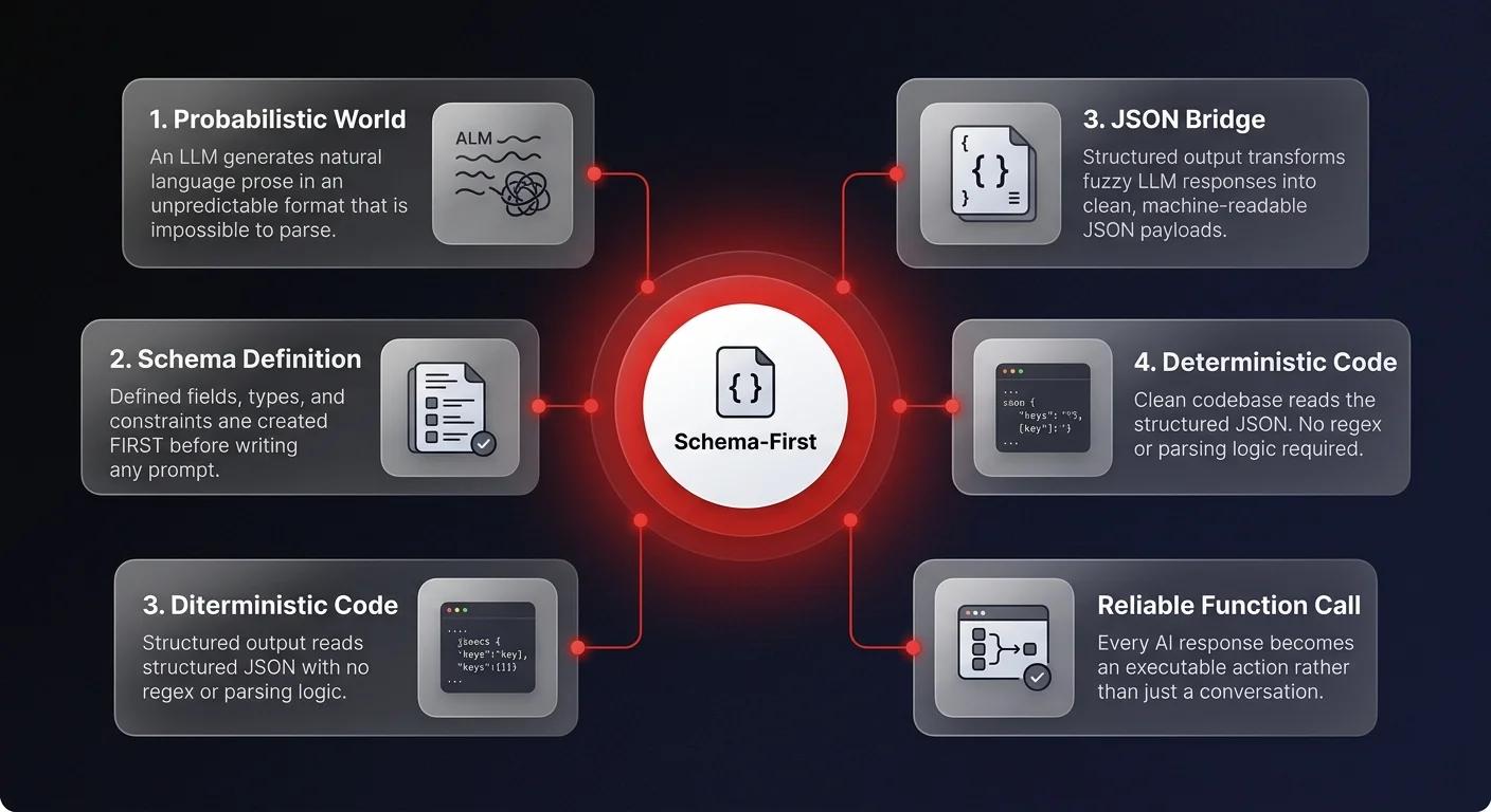 Architecture diagram showing 5 glassmorphism cards around a central JSON bridge hub — Probabilistic World, Schema Definition, JSON Bridge, Deterministic Code, and Reliable Function Call for schema-first LLM structured output design
