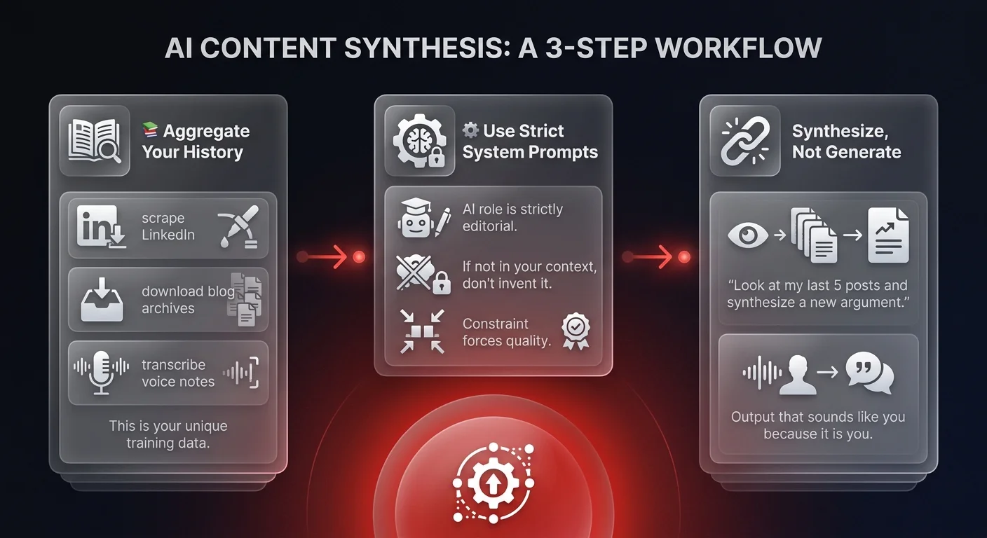 Workflow diagram showing 3-step AI content synthesis process: aggregate your content history, apply strict editorial system prompts, then synthesize new arguments from existing work