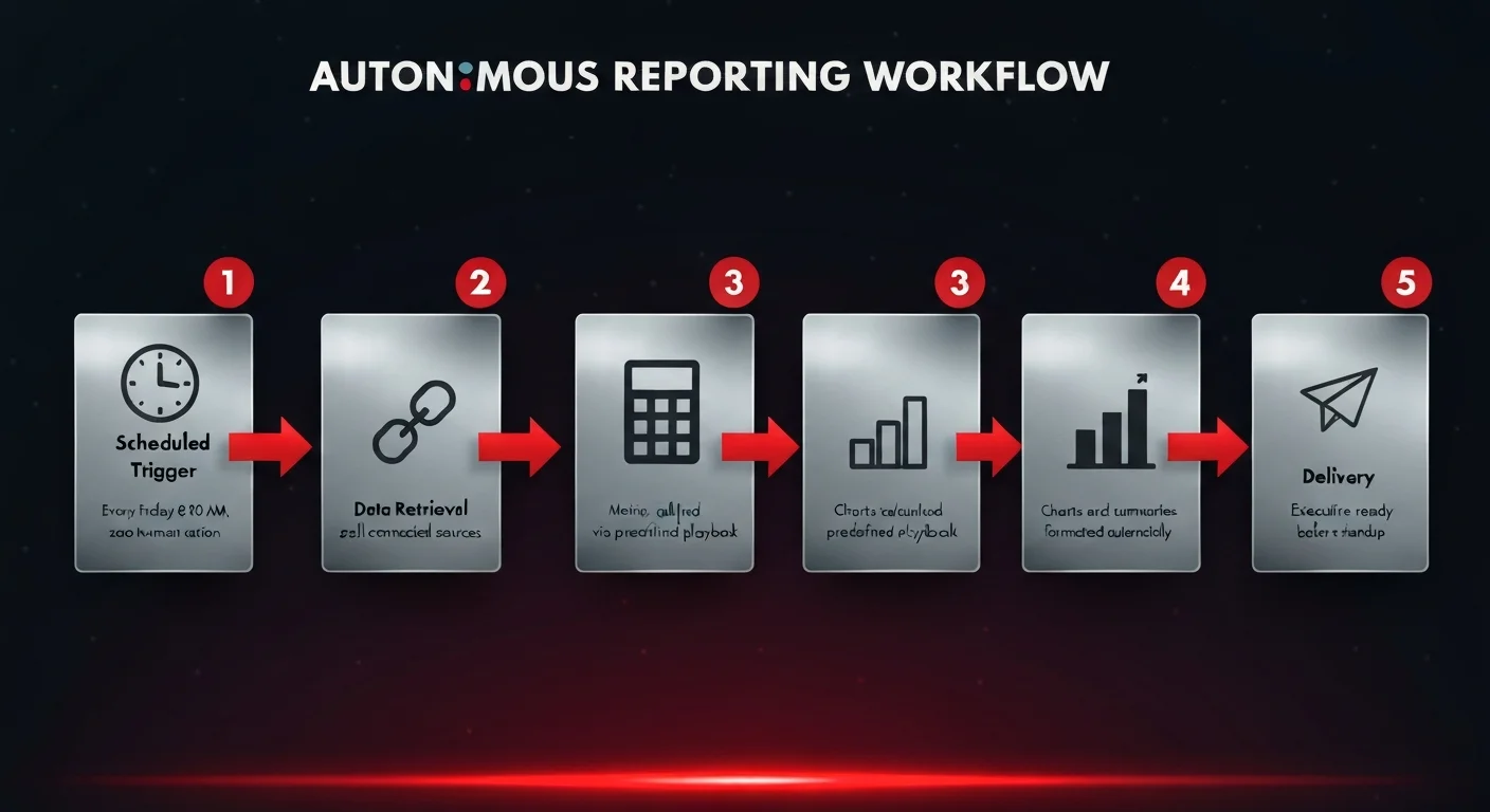 Workflow diagram showing 5 sequential steps of autonomous weekly metrics reporting from scheduled trigger to executive delivery